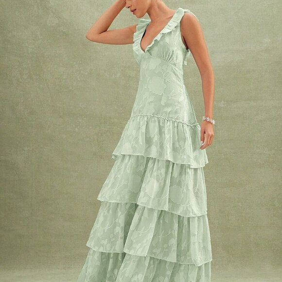 Mint Green Party Women's Floral Textured Tiered Ruffle Maxi Dress Dresses - Picture 5 of 5